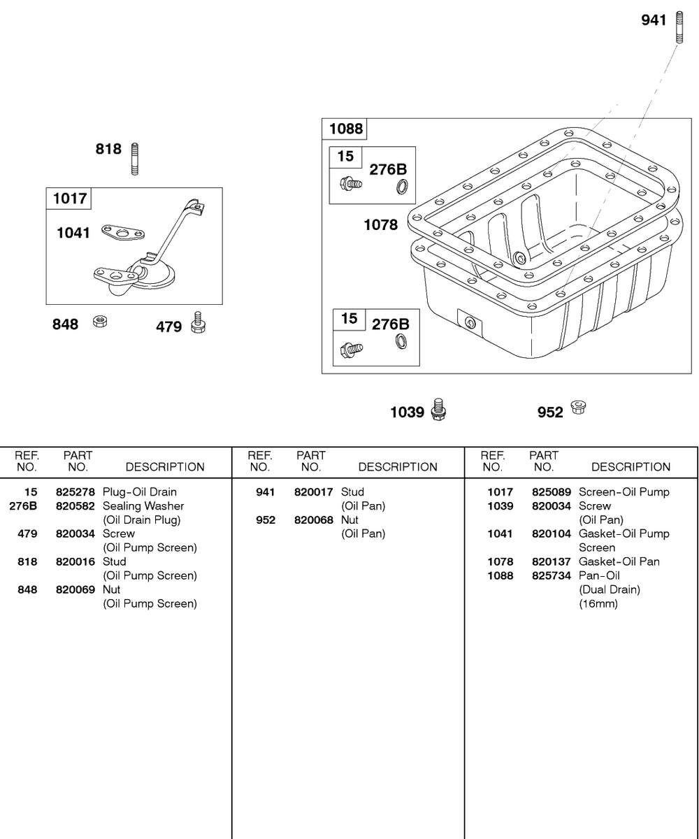 Oil Pan, Oil Pump Screen Diagram and Parts List for 587447-0105-XX  Briggs and Stratton Engine